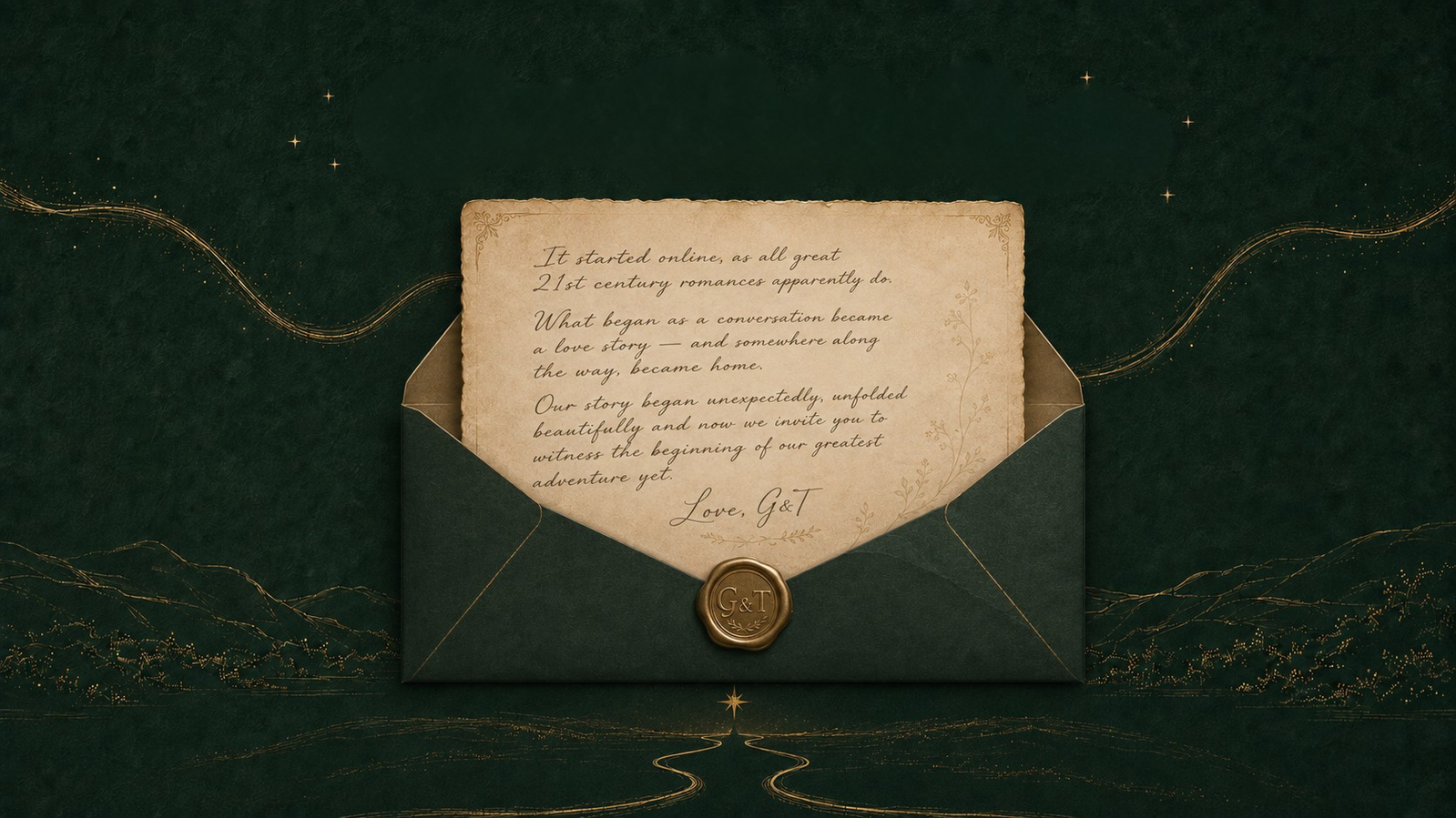 An envelope holding a handwritten letter from Gargi and Tejas